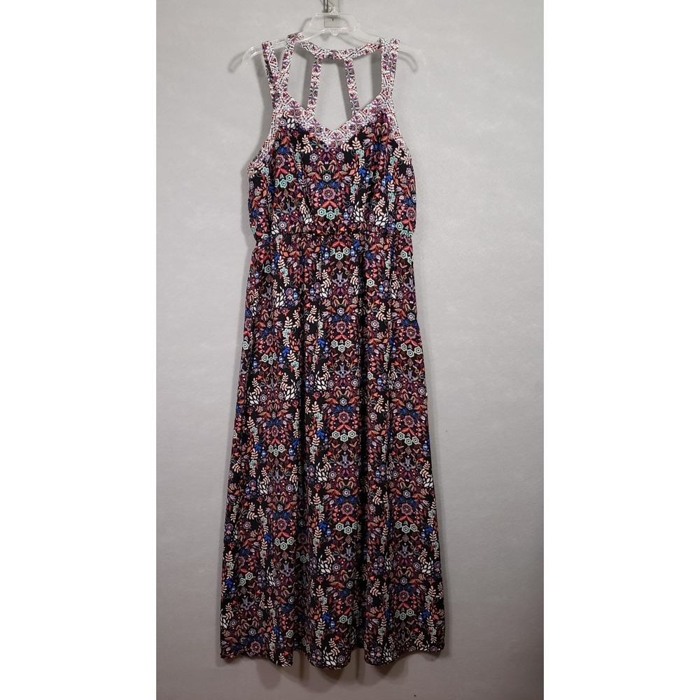 Xhilaration Target Maxi‎ Dress XL Black Floral Strappy Cutout Back Boho Summer